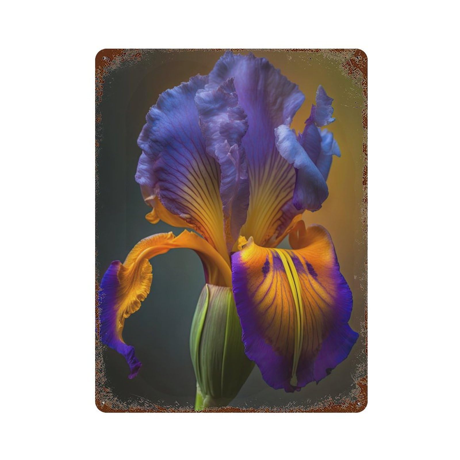 Distressed Metal Wall Sign with Blooming Iris Design 15.7"x11.8", for Living Room, Hallway And Home Decor, Vintage Wall Decor