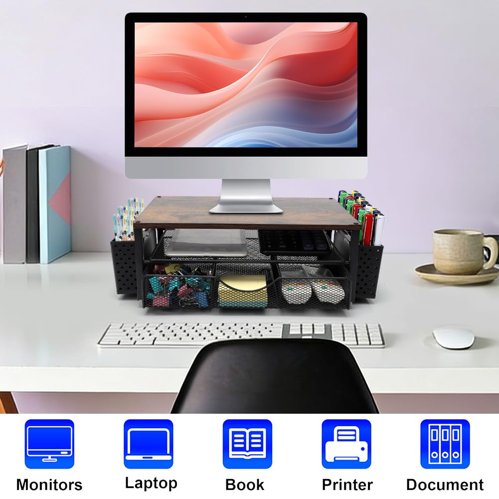 Support de moniteur, organisateur de bureau avec tiroir et 2 porte-stylos, support de rangement, rehausseur d'écran pour bureau, maison