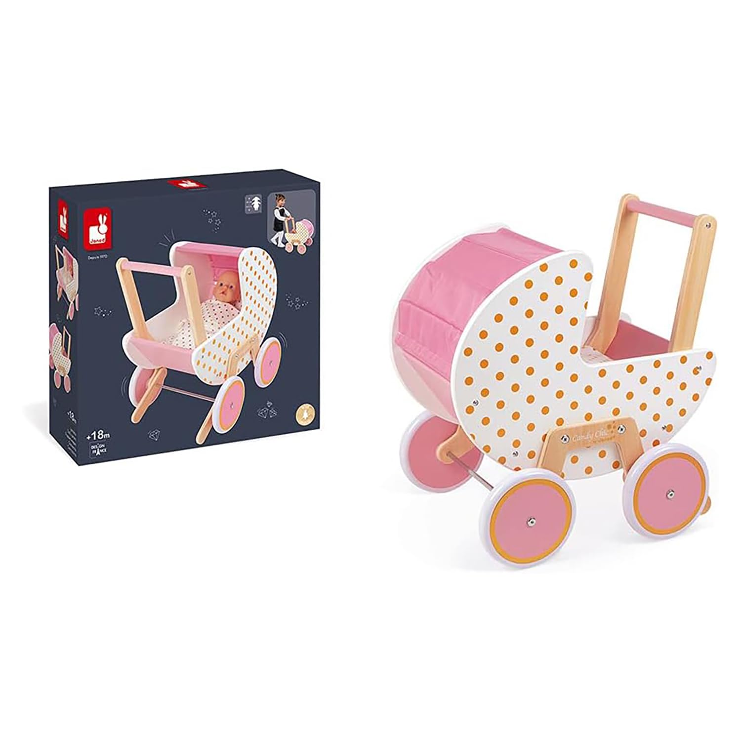 Janod - Holz Puppenwagen ‘Candy Chic’ - Kinderwagen mit Kissen und Decke - Abnehmbares Kippschutz System - Leise Gummiräder- Mit Babyzubehör - Ab 18 Monaten, J05886