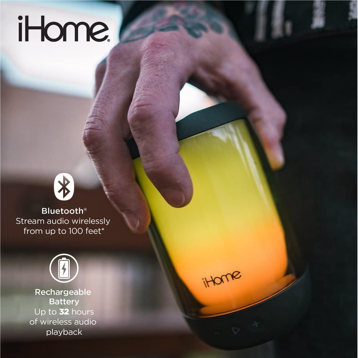iHome PlayGlow+ speaker showing various light modes and features