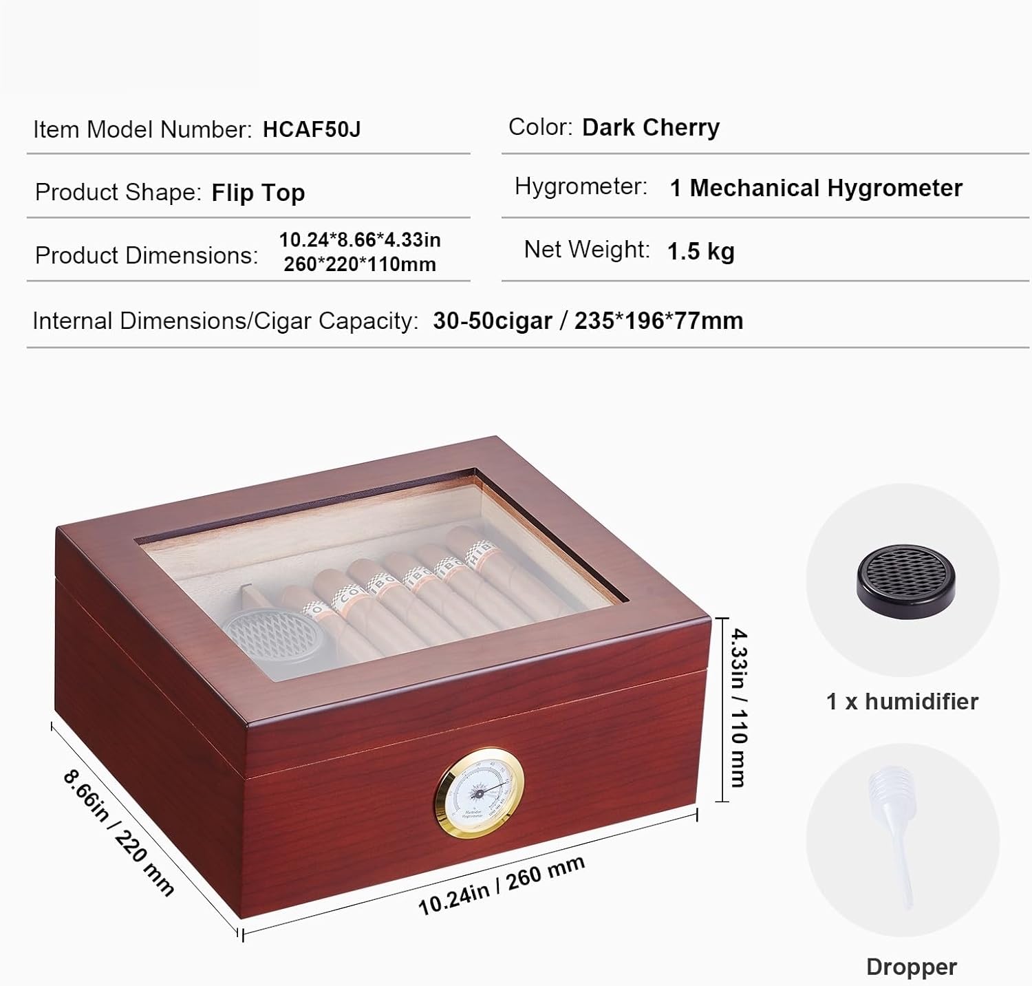 Happybuy Cigar Humidor, 30-50 Cigars, Handmade Spanish Cedar Wood, Glass Top, Desktop Storage Box, Humidifier, Hygrometer, Divider, Perfect Gift for Men