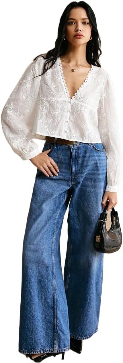 Women's Classic-Fit Shirt Embroidery V-Neck Long Sleeve Blouse