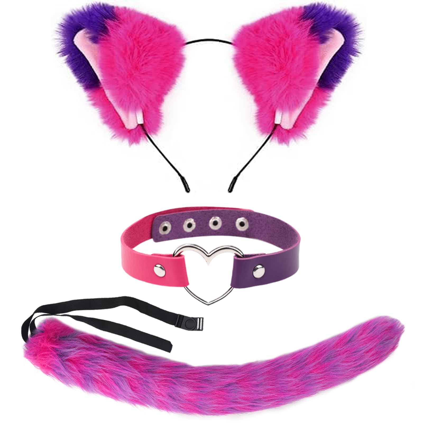 KMLGY 3 PCS Pink and Purple Striped Cat Costume for Women Halloween Cosplay Accessories Cat Ears, Furry Tail