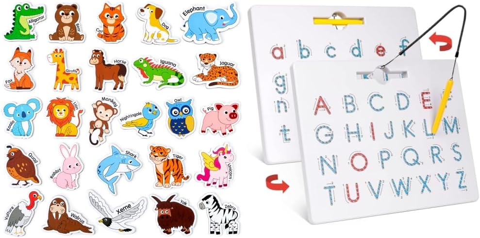 GAMENOTE JoyCat Wooden Magnets for Kids – 26 Cute A-Z Animals Fridge Magnets for Toddlers Double Sided Magnetic Letter Board