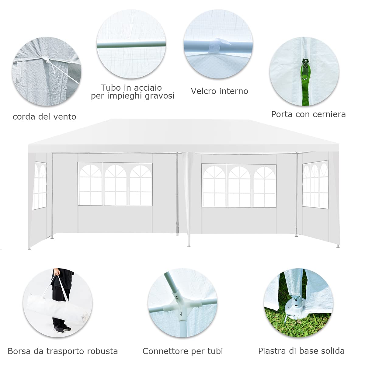COSTWAY Gazebo da Giardino 6 x 3 m, Tendone per Feste con 4 Pareti Rimovibili, con Borsa di Trasporto, Impermeabile Protezione UV, per Matrimonio Eventi e Barbecue