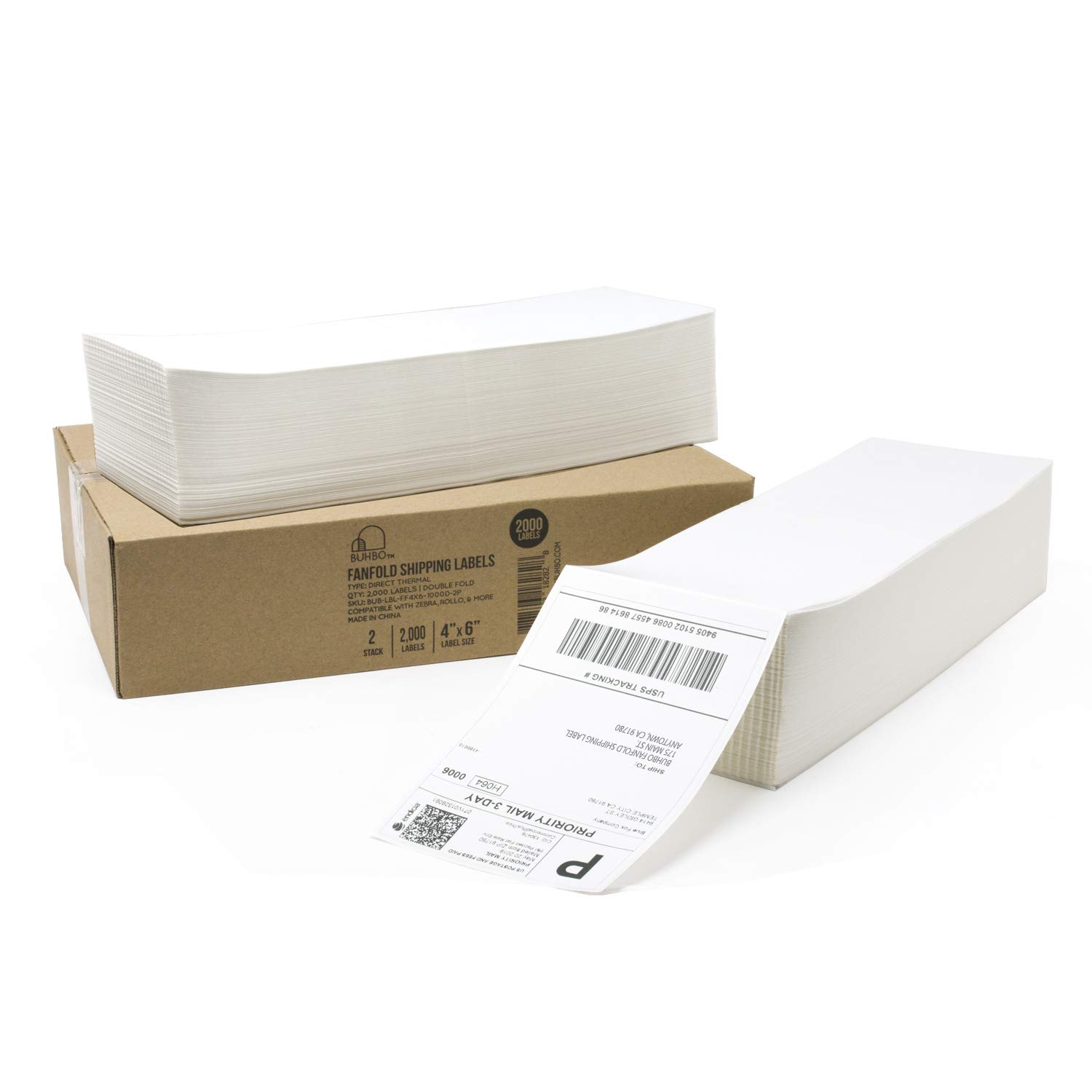 Buhbo4" x 6" Direct Thermal Shipping Label (2000 Fanfold Labels) 2 Stacks of 1000 Labels - Rollo Compatible