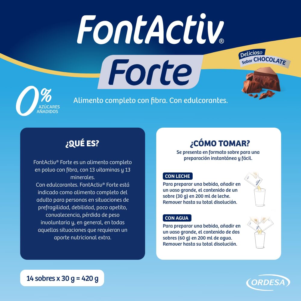 FontActiv Forte ProAction Chocolate | 14 Sobres | Suplemento Nutricional con Fibra para Adultos - 0% Azúcares añadidos