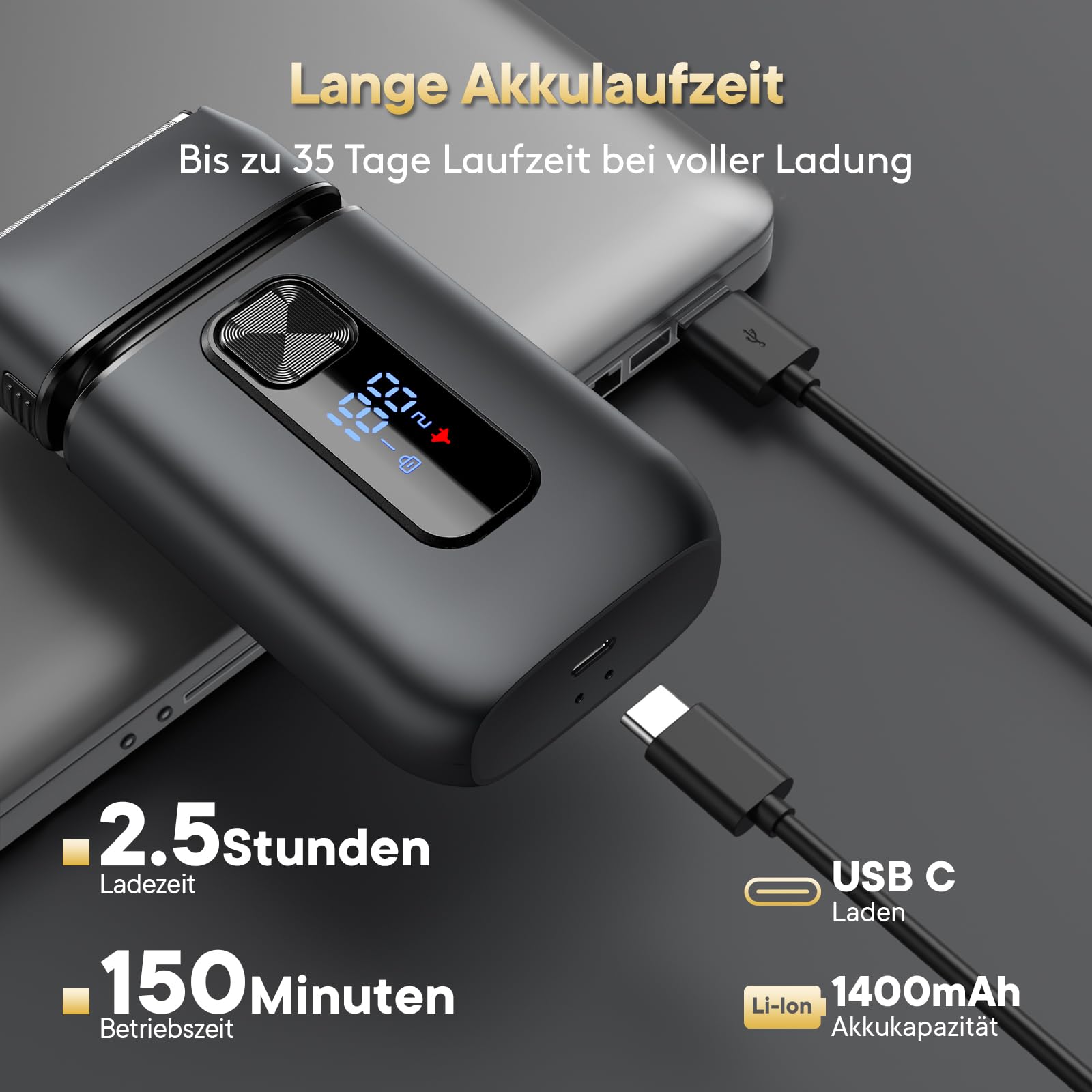 Brightup Elektrorasierer Herren, Kabelloser Wasserdichter Folienrasierer mit Ausklappbarer Langhaarschneider, 150 Min. Akku & USB-C Schnellladung, Nass-/Trockenrasur, Schwarz