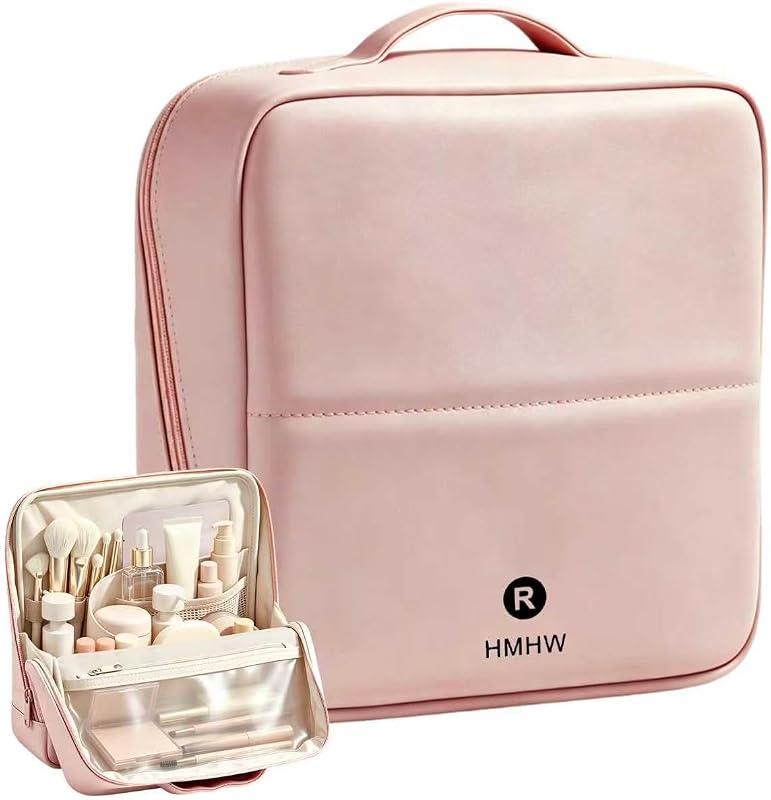 Necessaire de maquiagem em pé Hyphen-X com aba dobrável magnética, compartimentos múltiplos e divisórias removíveis, Rosa