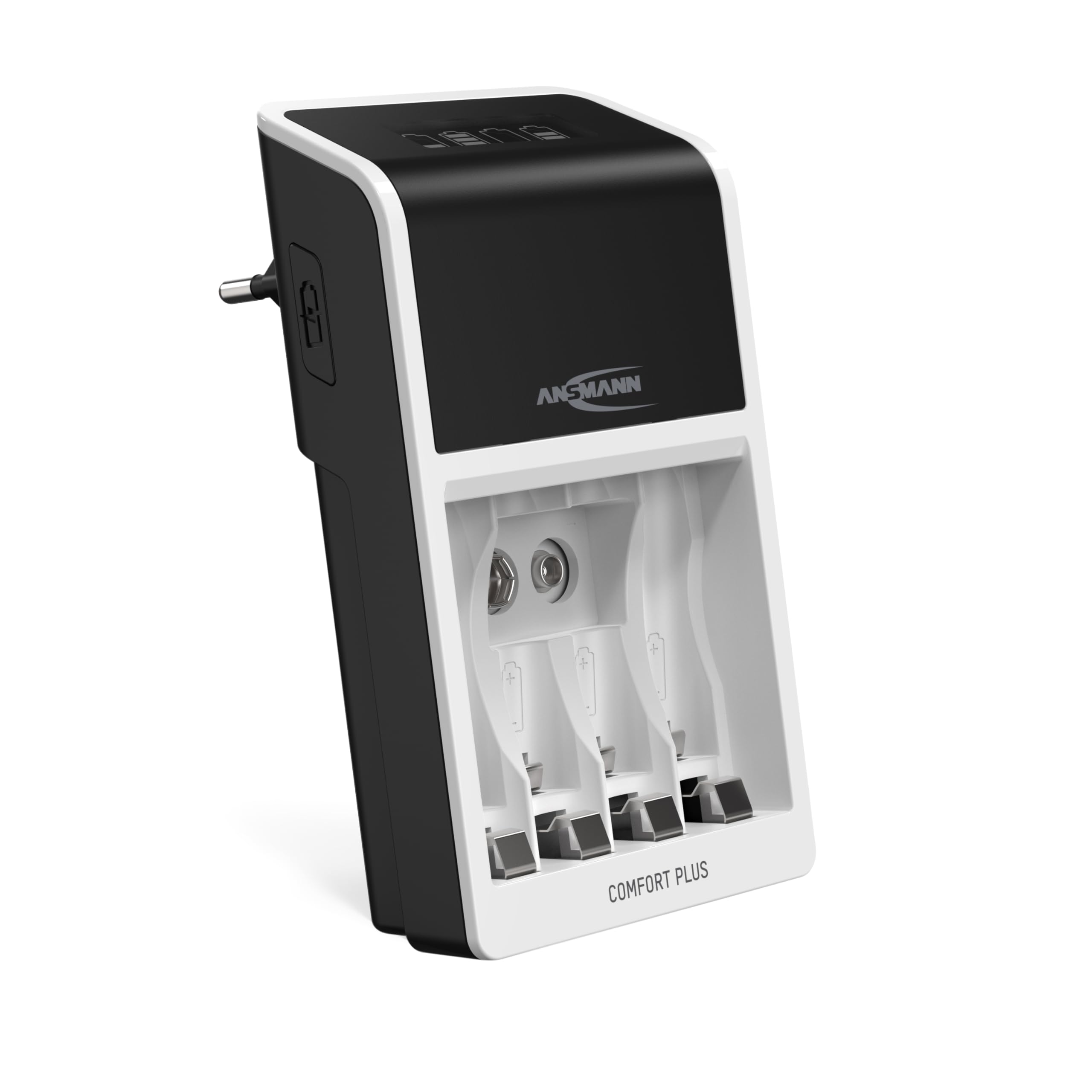 ANSMANN Comfort Plus - Caricatore per 1-​4 batterie NiMH Micro AAA/​Mignon AA o 1-​2 AAA/​AA e un E-​Block NiMH da 9 V