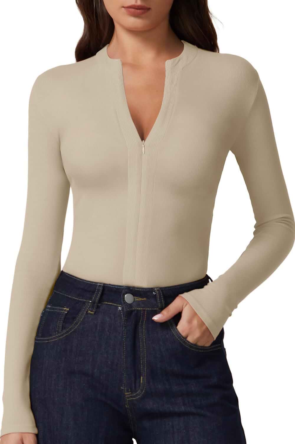 QINSEN Long Sleeve Shirts for Women V Neck Half Zipper Ribbed Knit Going Out Tops Full Length Basic Tee Long Sleeve