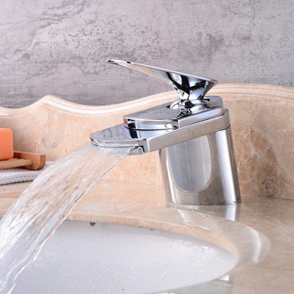 Bathroom Sink Taps Waterfall, Basin Taps Single Hole Cold And Hot Water Brass Waterfall Taps For Bathroom Sink-Black
