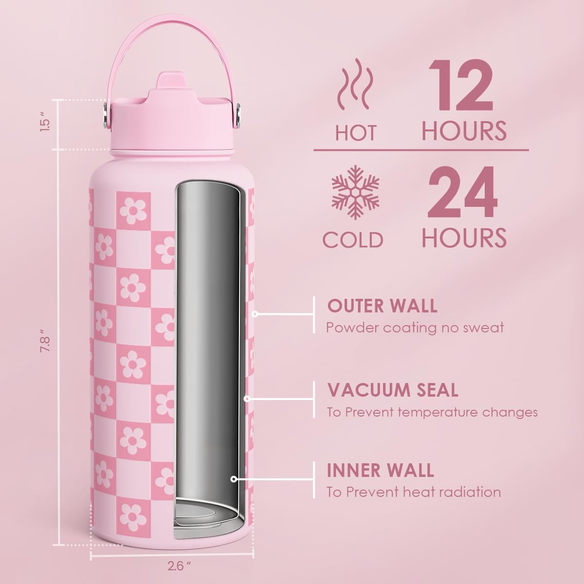 Checkerd Daisy Bottiglia d'acqua 950 ml in acciaio inox con coperchio cannuccia isolata, regalo per donne, ragazze, amici, compleanno, Natale