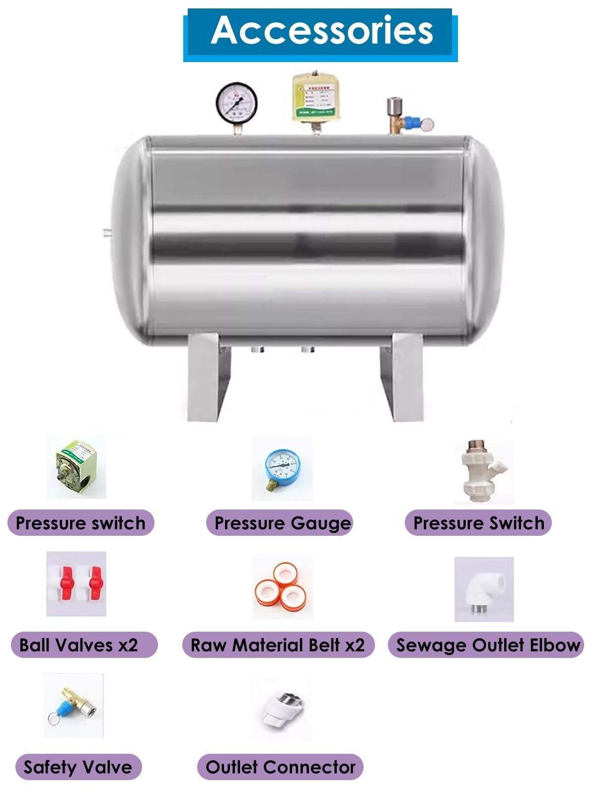 Tanques de almacenamiento de agua a presión, sistema de presión de agua de emergencia horizontal para baño doméstico, expansión del calentador de agua caliente