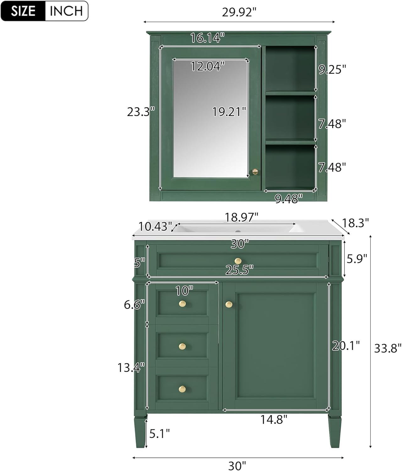 Bathroom Vanity Set with Mirror, Modern Bathroom Storage Cabinet with 2 Drawers and a Tip-Out Drawer, 30'' Single Sink Bathroom Vanity, Mirror Cabinet with 3 Open Shelves, Green