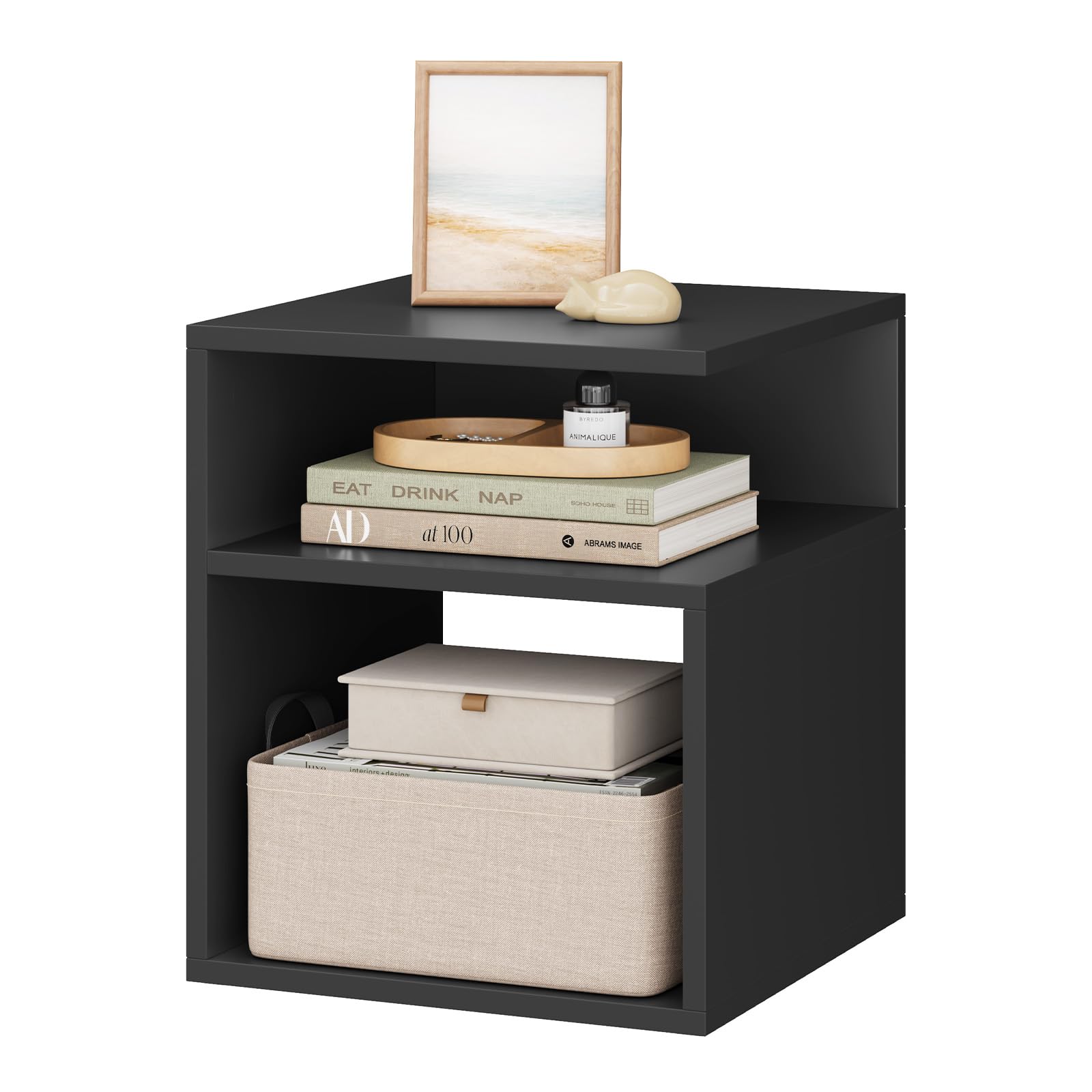 EUGAD Mesita de Noche Pequeña Negra con Compartimentos Abiertos, 35x35x41,5 cm, Mesilla Moderna para Dormitorio Pequeño, Cama y Sofá Salón, 0006CTG