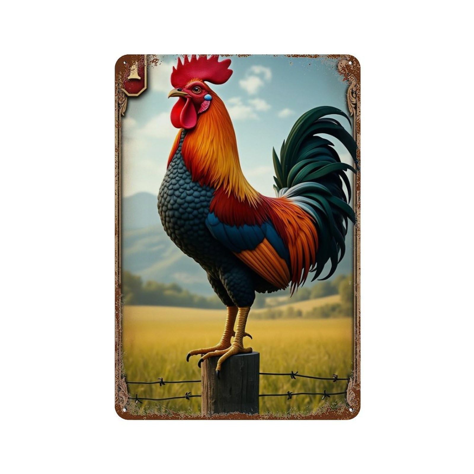 Colorful Rooster Farm Scene 11.8"x7.9" Vintage Rust Metal Sign, Decorative Metal Wall Art for Bistro, Counter And Cafe Decor
