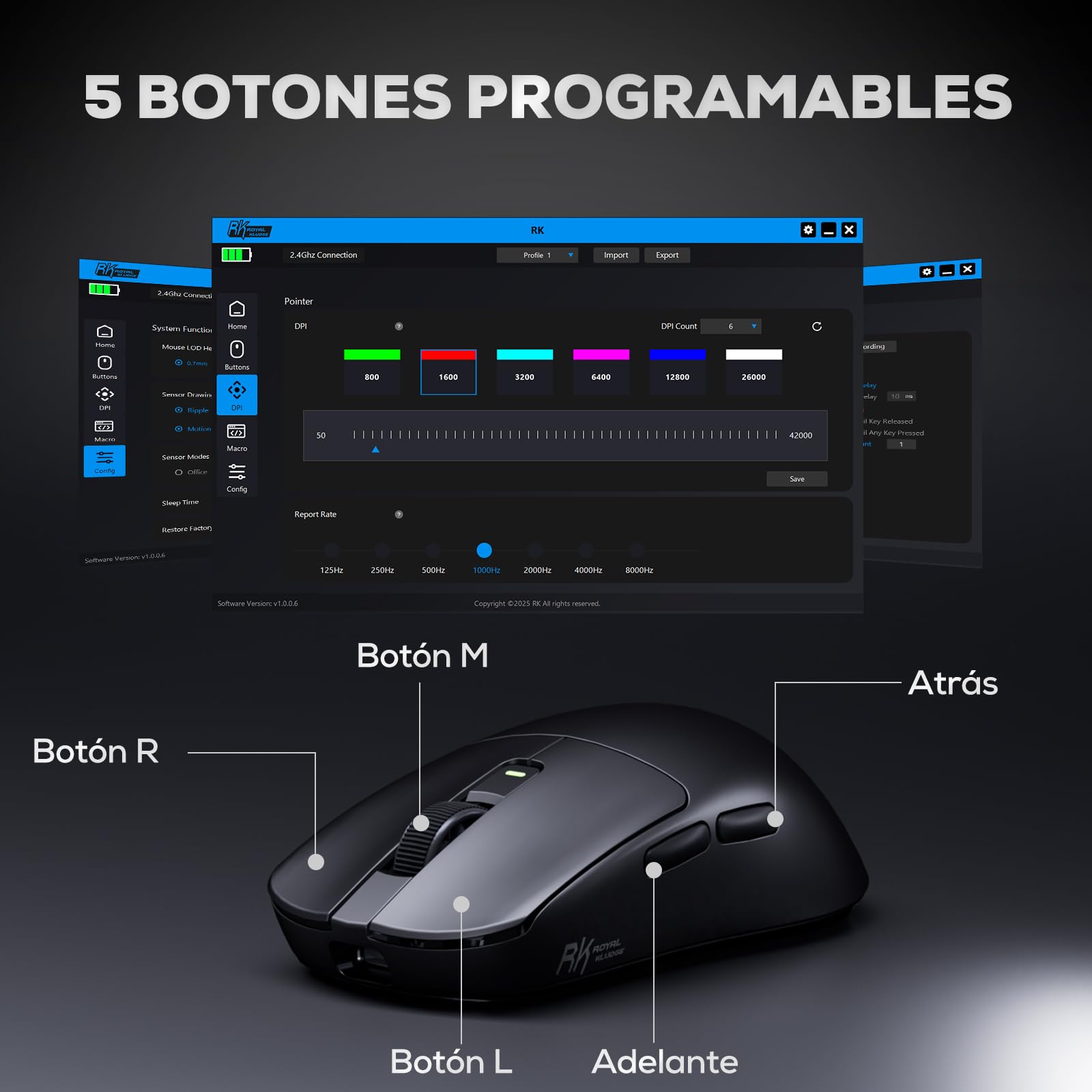 RK ROYAL KLUDGE M3 Ratón Gaming Inalámbrico Ultraligero 47g, PAW3950 Sensor 42000 dpi, 8K Wireless Mouse BT/2.4G/USB, 5 Botones Programables, Diseño Ergonómico, Batería 650mAh para PC/Consolas, Negro