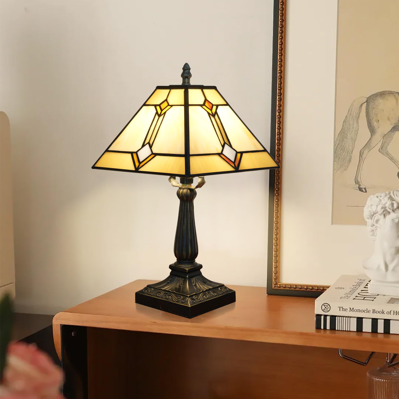 Tiffany lampa stołowa styl misja szkło witrażowe światło żółte antyczne vintage lampa obok czytania do domu salonu
