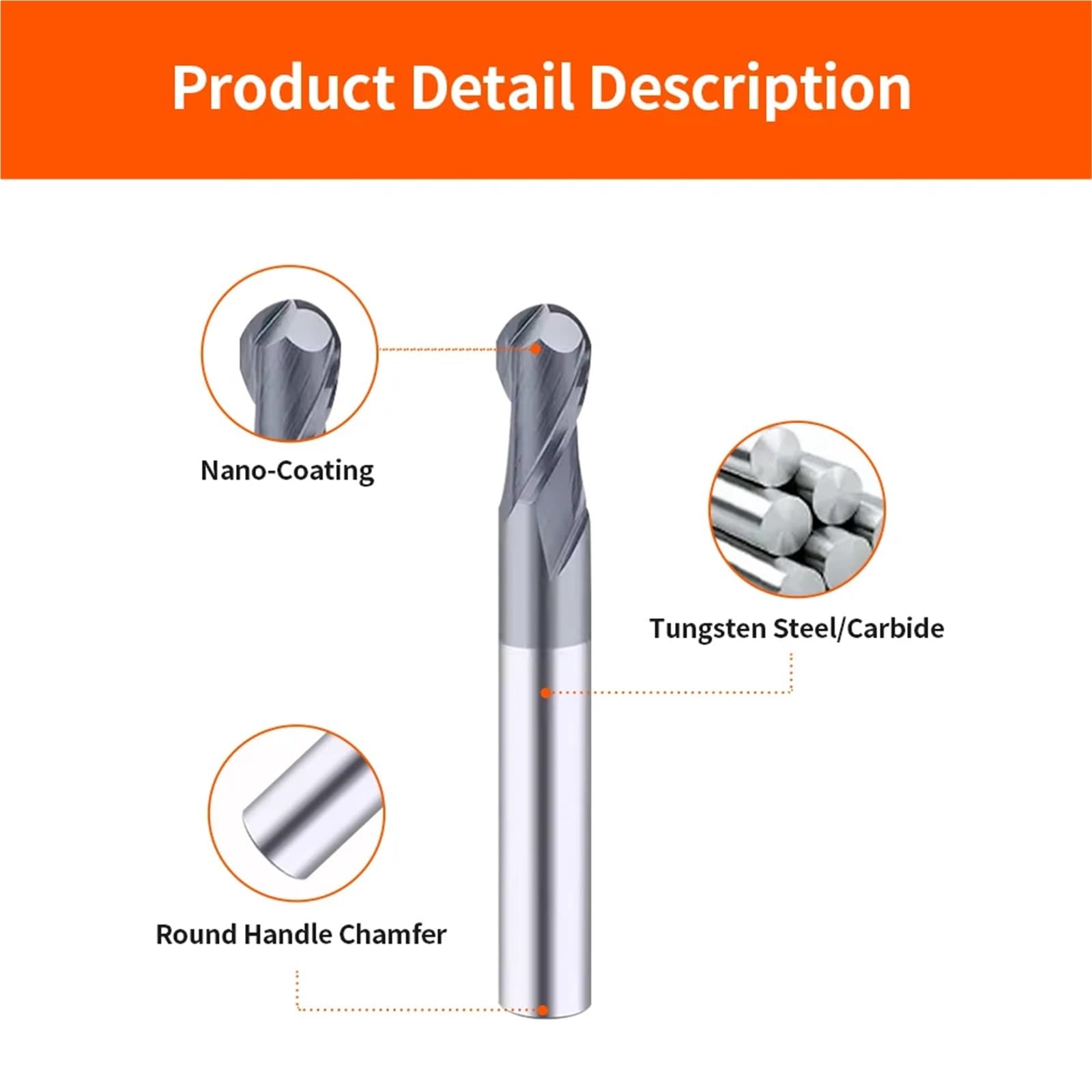 Fresas de punta de bola HRC45, broca enrutadora de acero de tungsteno, herramientas de torno CNC for fresa de Metal, fresa de carburo, 1 Uds.(R2xD4x75L)