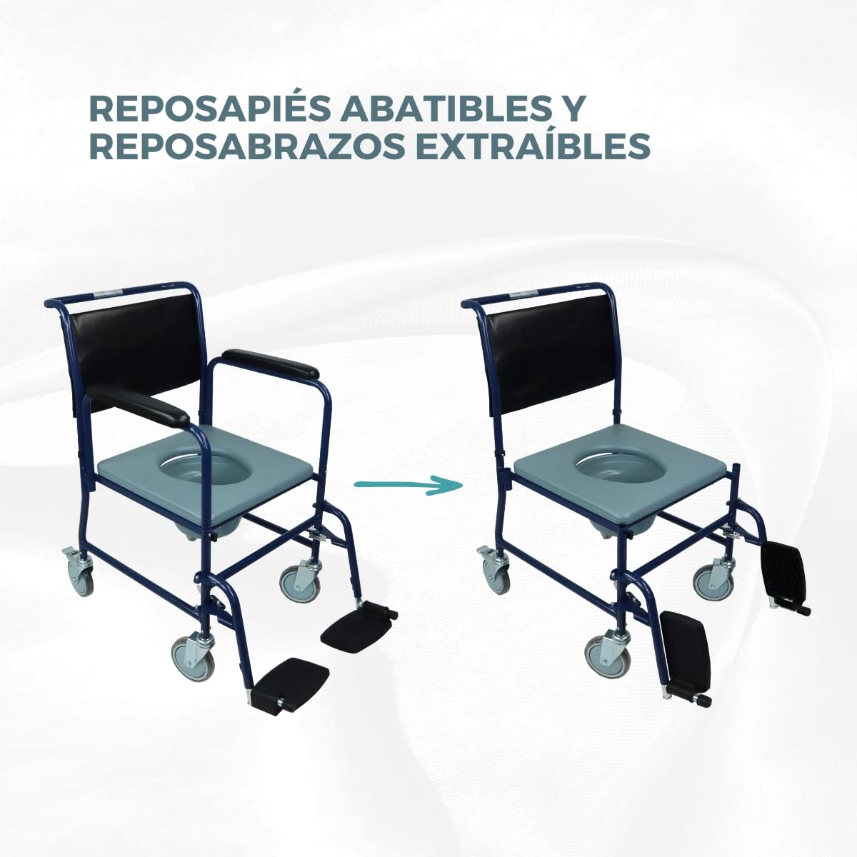 Mobiclinic®, Silla con wc, Tapa, Ruedas para fácil transporte, Sistema de frenado, Reposapiés abatibles y extraíbles, Inodoro extraíble, Reposabrazos asiento acolchados, Acero