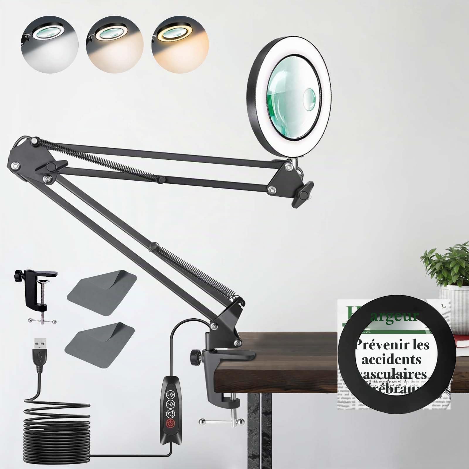 ZABOUL Lampe de Bureau Loupe 10X 15X et LED, Lampe Loupe Sur Pied avec 3 Modes de Couleurs et 10 Niveaux de Gradation, Lampe Eclairante avec Bras Pivotant Réglable Pour Lire et Travailler