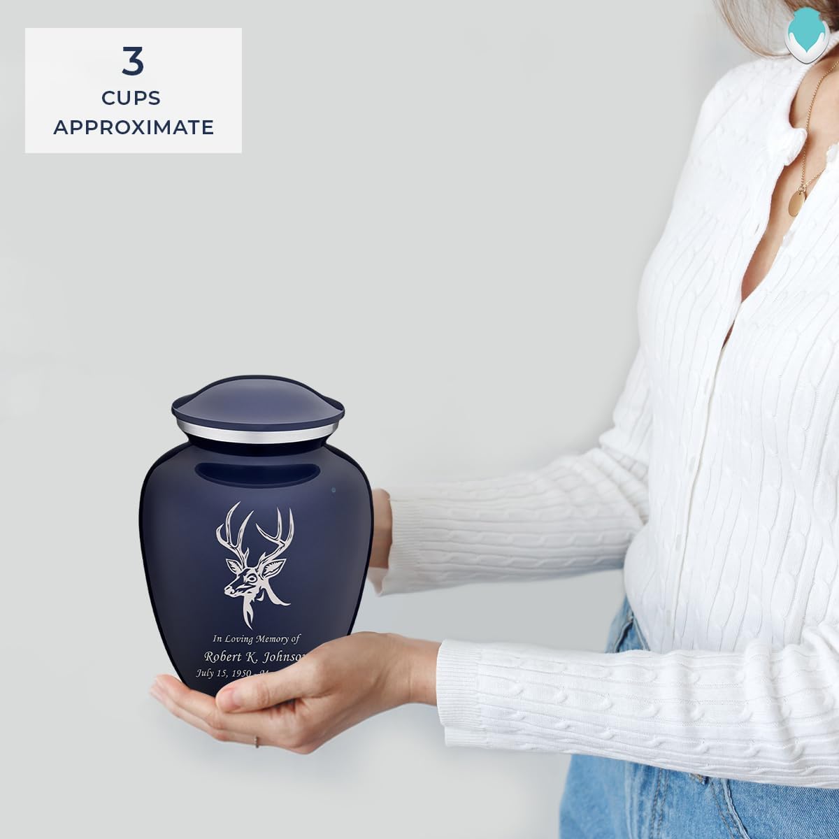 Geturns - Small Personalized Deer Cremation Urns for Human Ashes I Cobalt Blue Funeral Urn for Men and Women I Holds up to 44 Cubic Inches