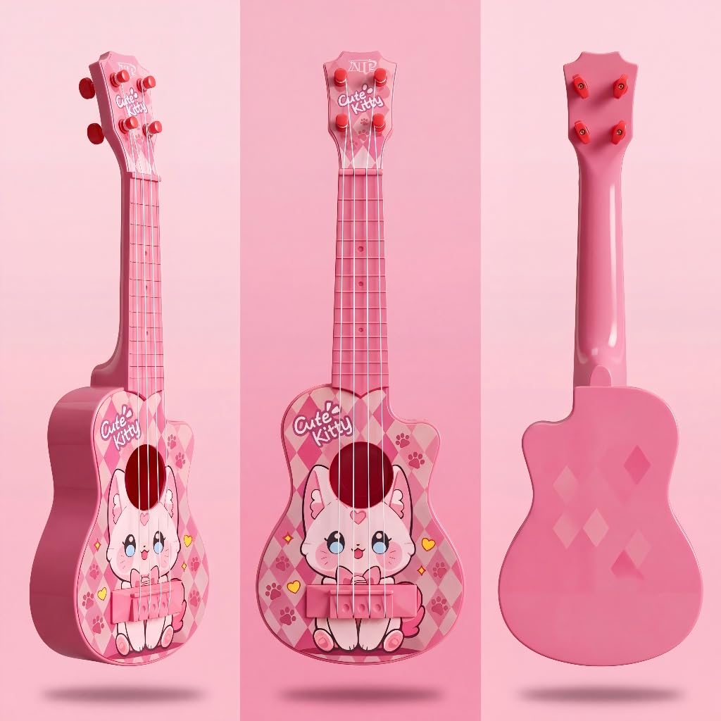 LeeQee Kinder-Ukulelen-Gitarre für Kleinkinder 3–6, 43,2 cm, Pink Kitty Spielzeuggitarre | 4 weiche Nylonsaiten mit Plektren, einfach für kleine Hände, Anfänger Musikinstrument für Vorschuljungen und Mädchen