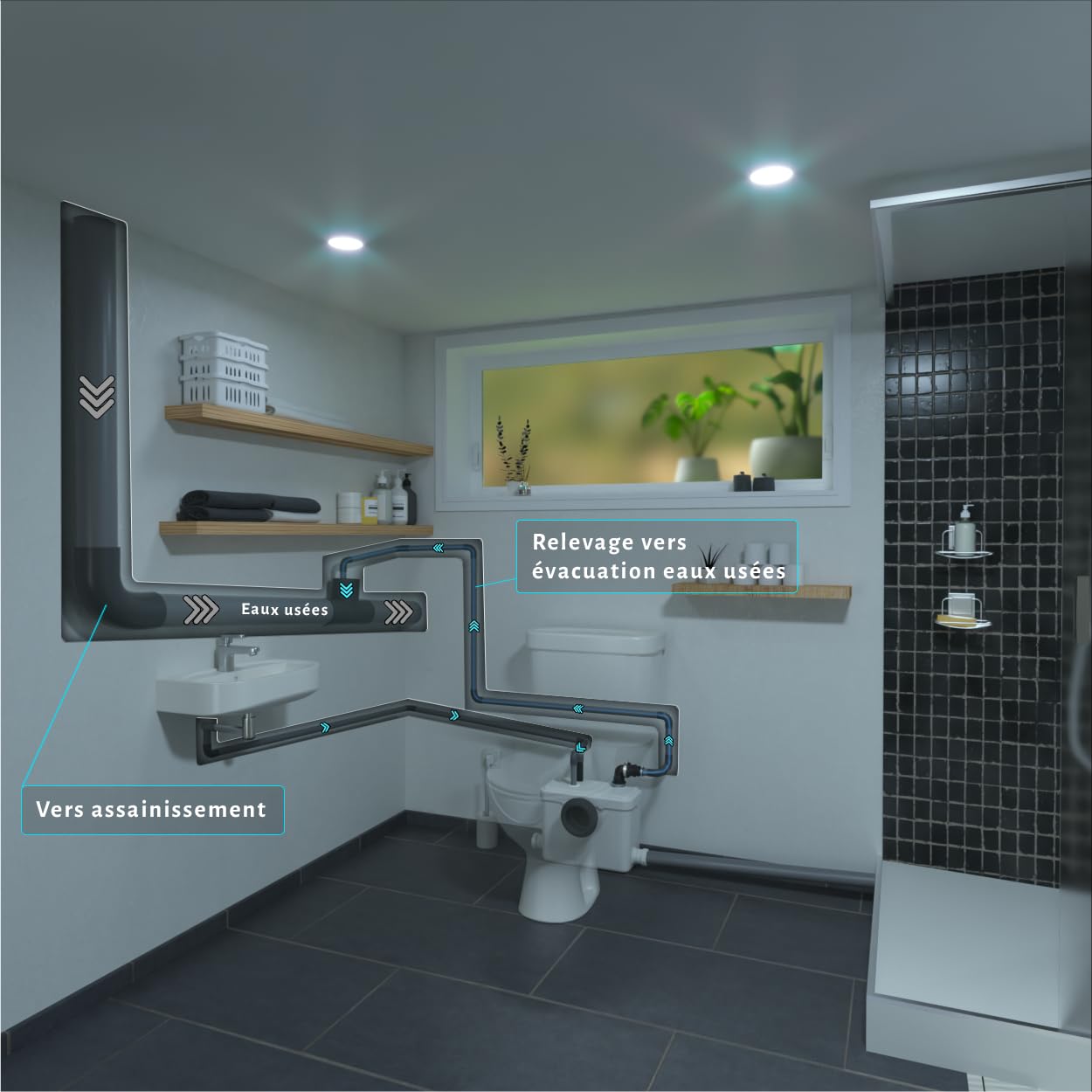 3 - Broyeur WC Adaptable avec Connexions pour Douche, Lavabo et Bidet, Installation Facile, Relevage 3m Vertical, 30m Horizontal, 400W, Fabrication Française, Garantie 3 Ans