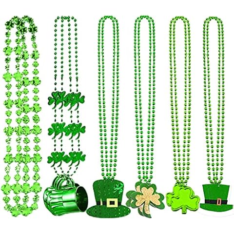 VOSTOR 12 Pieces St Patricks Day Beads Necklace Green Shamrock Beads Green Hat Necklaces Wine Glass Bead Pendant Necklace for Irish Party Favors Costume Accessory, 6 Types Cover