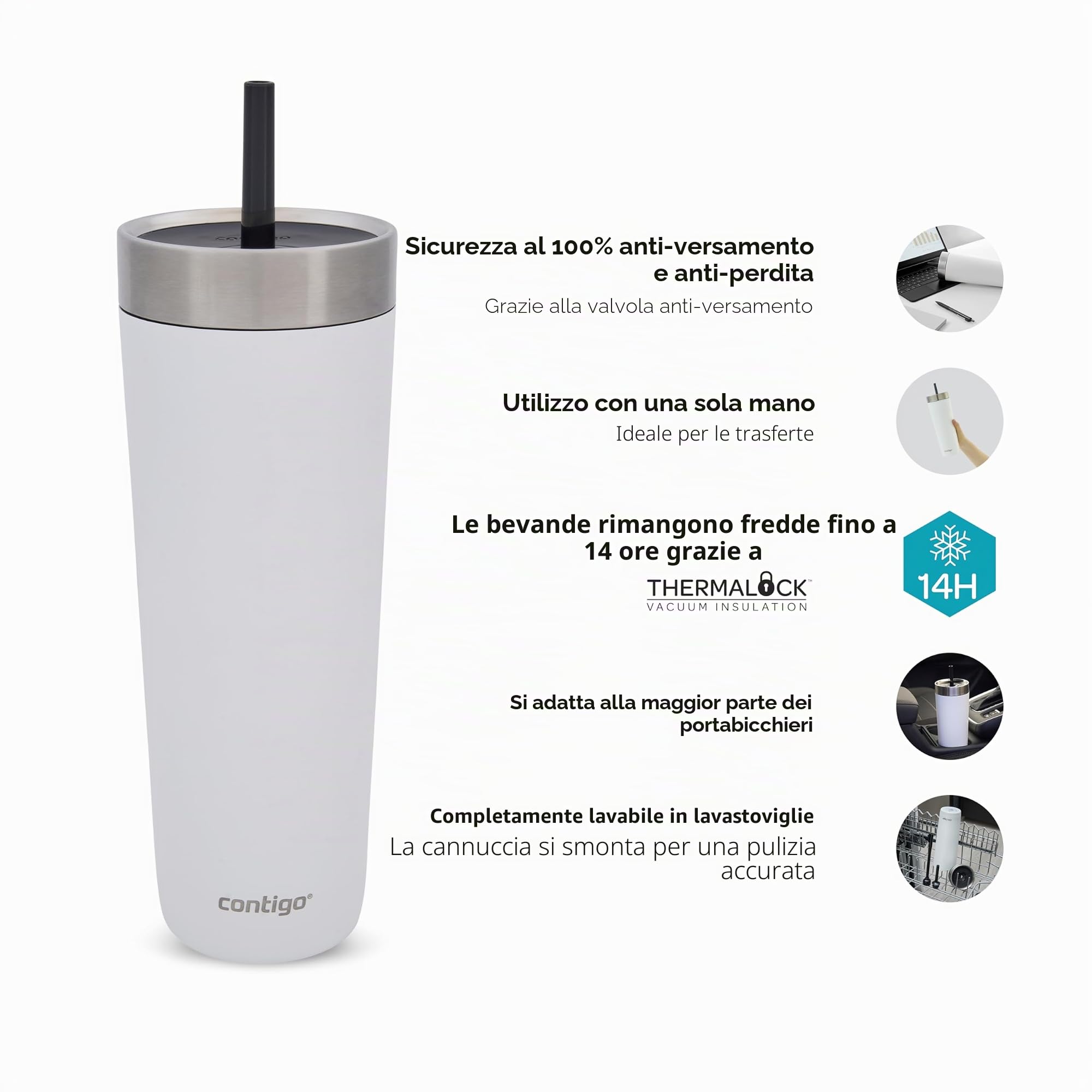 Contigo No-Spill Tumbler con Cannuccia | Freddo 14 h | Ermetica | 720 ml