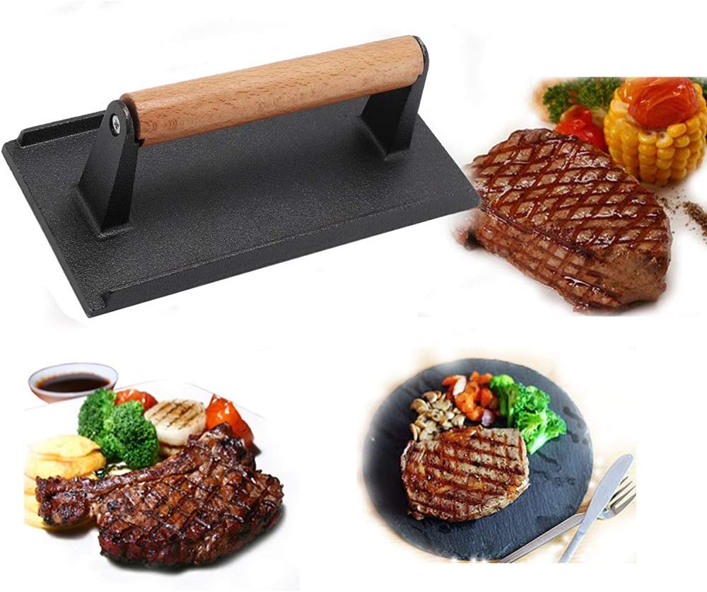 Gusseisen rechteckige Speck-Fleischpresse Grill BBQ Hamburger Steak Gewicht Fleischpresse für Heimküche Schwarz