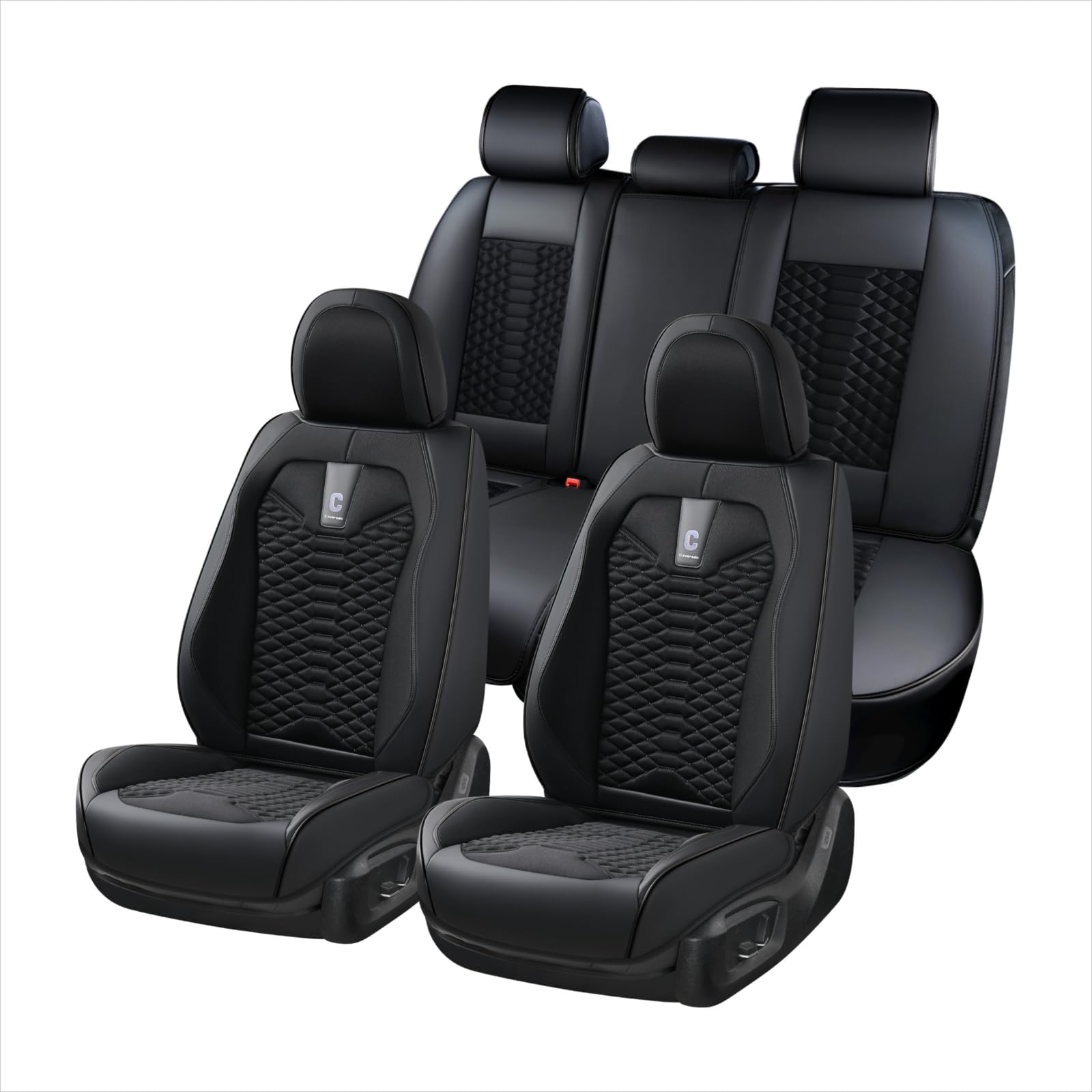 Coverado Car Seat Covers Full Set, 5 Seats Universal Seat Covers for Cars, Breathable Fabric& Faux Leather Auto Seat Cushions, Front and Rear Seat Protectors Fit for Most Sedans SUV Truck, Black
