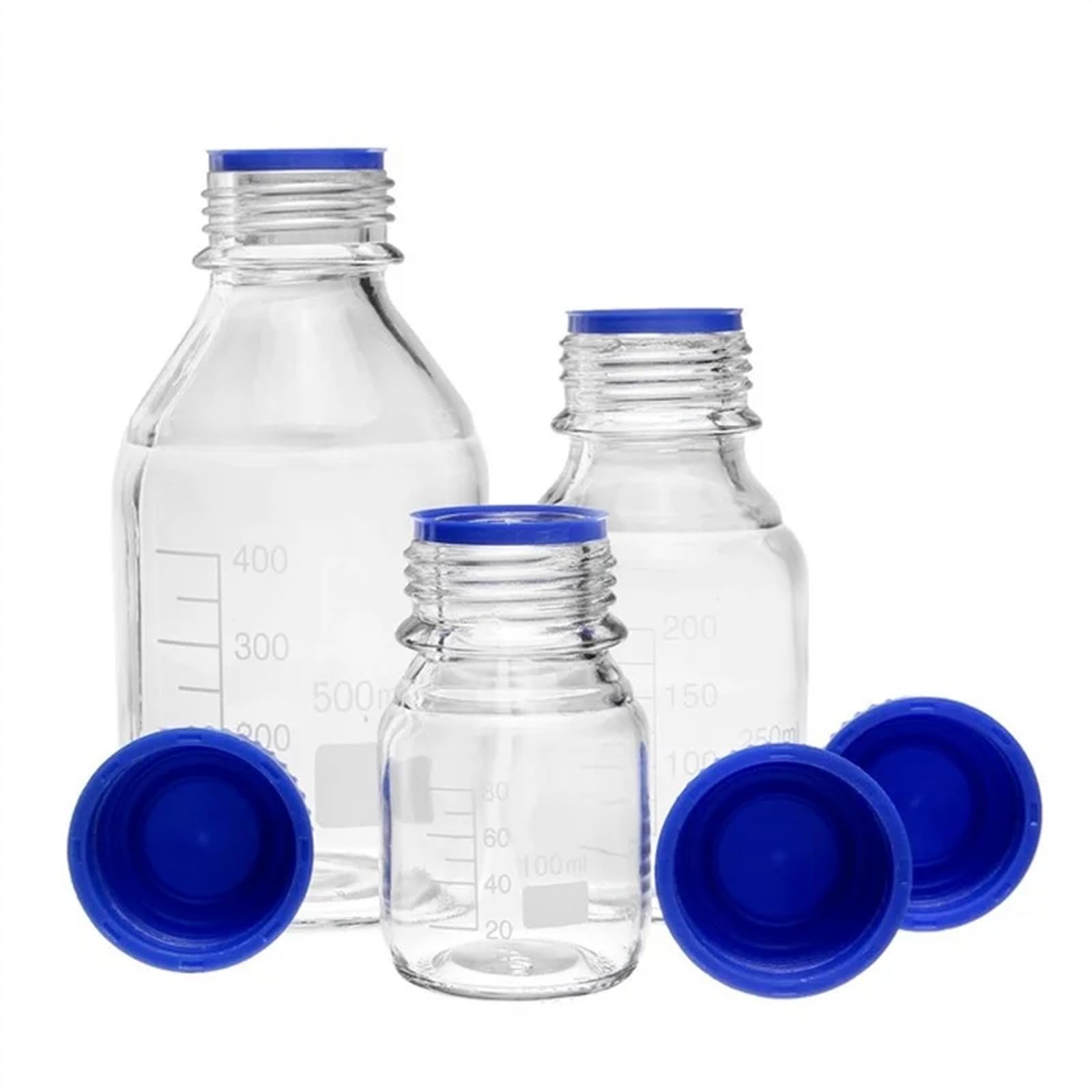 Botella de reactivo de vidrio de borosilicato de laboratorio transparente de 100ml 250ml 500ml 1000ml con tapa azul de tornillo