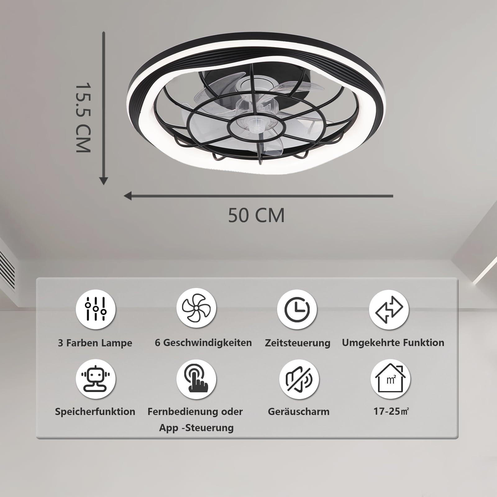 Leiser Deckenventilator mit Beleuchtung Schwarz, 50cm Deckenleuchte mit Ventilator, LED Deckenlampe mit Ventilator, Fernbedienung/APP, 6 Windstufen, 3 Farbtemperaturen, für Schlafzimmer Wohnzimmer
