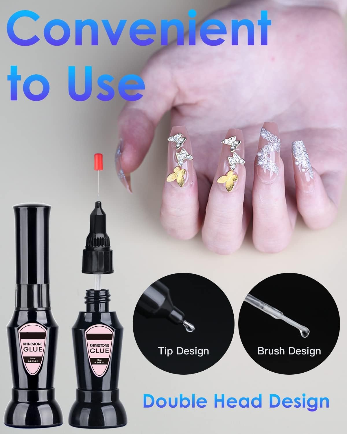 Beauty Empire Rhinestone Glue for Nail, 2 in 1 Precision Nail Glue for Rhinestone 10ml Clear Nail Glue Gel with Brush & Pen tip UV Cure Needed 2