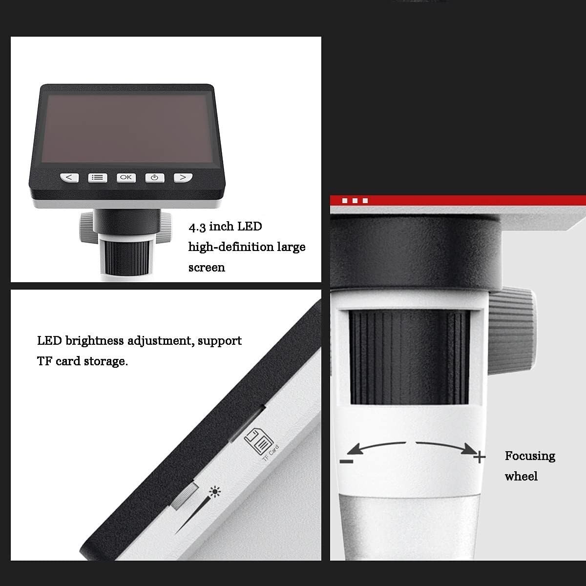 4,3-calowy cyfrowy mikroskop USB 1080P, powiększenie 50X-1000X, mikroskop monetowy i jubilerski z 8 regulowanymi światłami LED