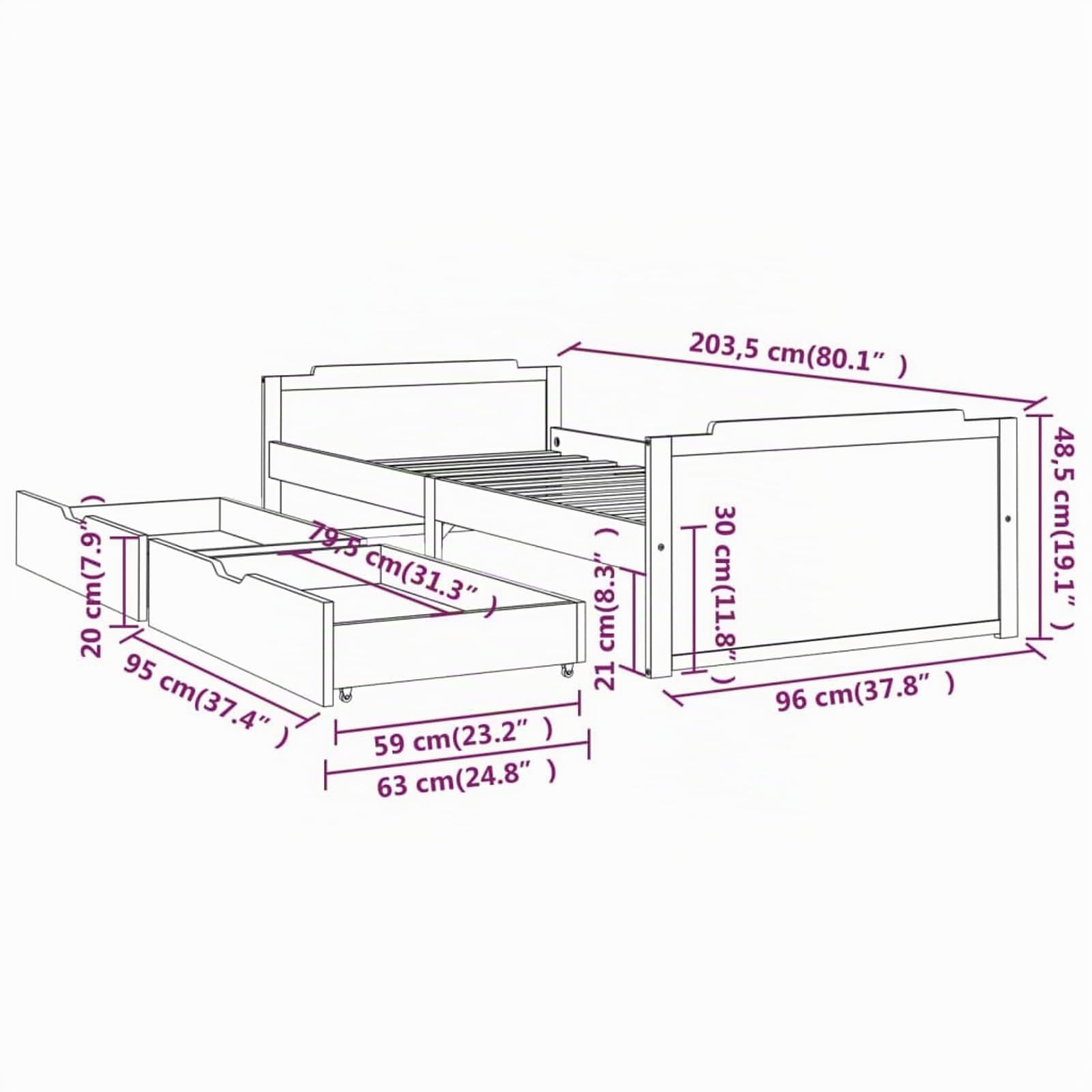 Festnight Estructura de Cama Individual Infantil de Madera Maciza con 2 cajones y Somier, 90 x 200 cm Blanco