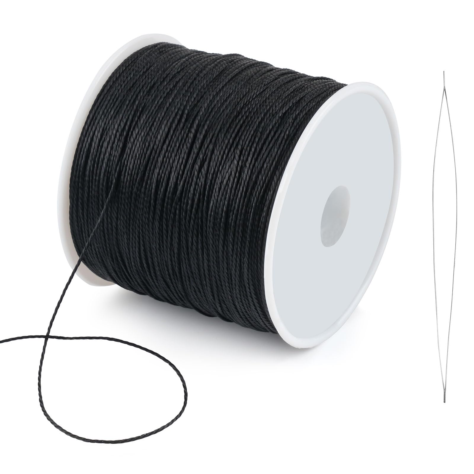 Gewachste Schnur, 0,5mm x 106m Gewachster Faden, Wachsschnur mit Perlennadel, Polyesterschnur Gewachstes Garn für Armbänder, Halsketten, Schmuckherstellung, DIY Basteln (Schwarz)