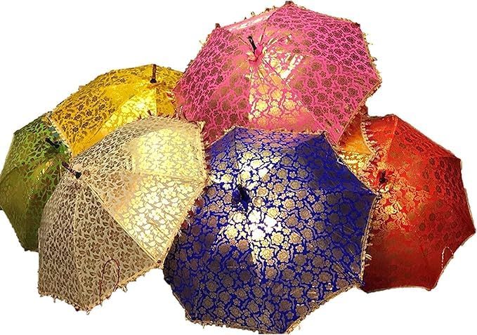 The Decor Affair5 Pcs Authentic Rajasthani Handmade Embroidered Umbrella Set - Vibrant Indian Patchwork Sun Protection Umbrellas for Women - Boho Chic Festival Decor Parasol for Weddings.