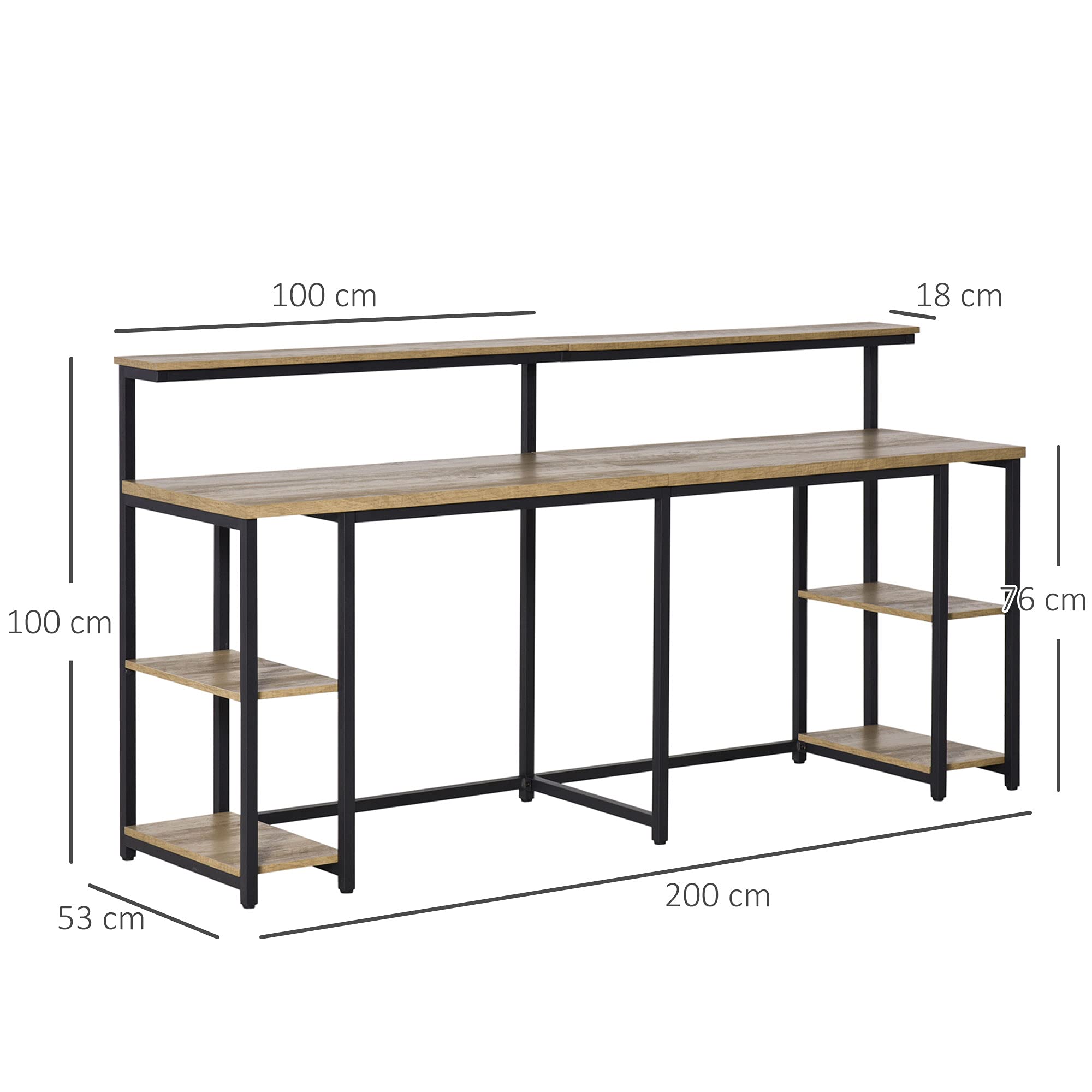 HOMCOM Scrivania Doppia con Mensole per Monitor 200x53x100cm Nero Marrone | Scaffali, Stile Industriale, Scrivania con Libreria Salvaspazio, Ufficio e Studio, Metallo e MDF