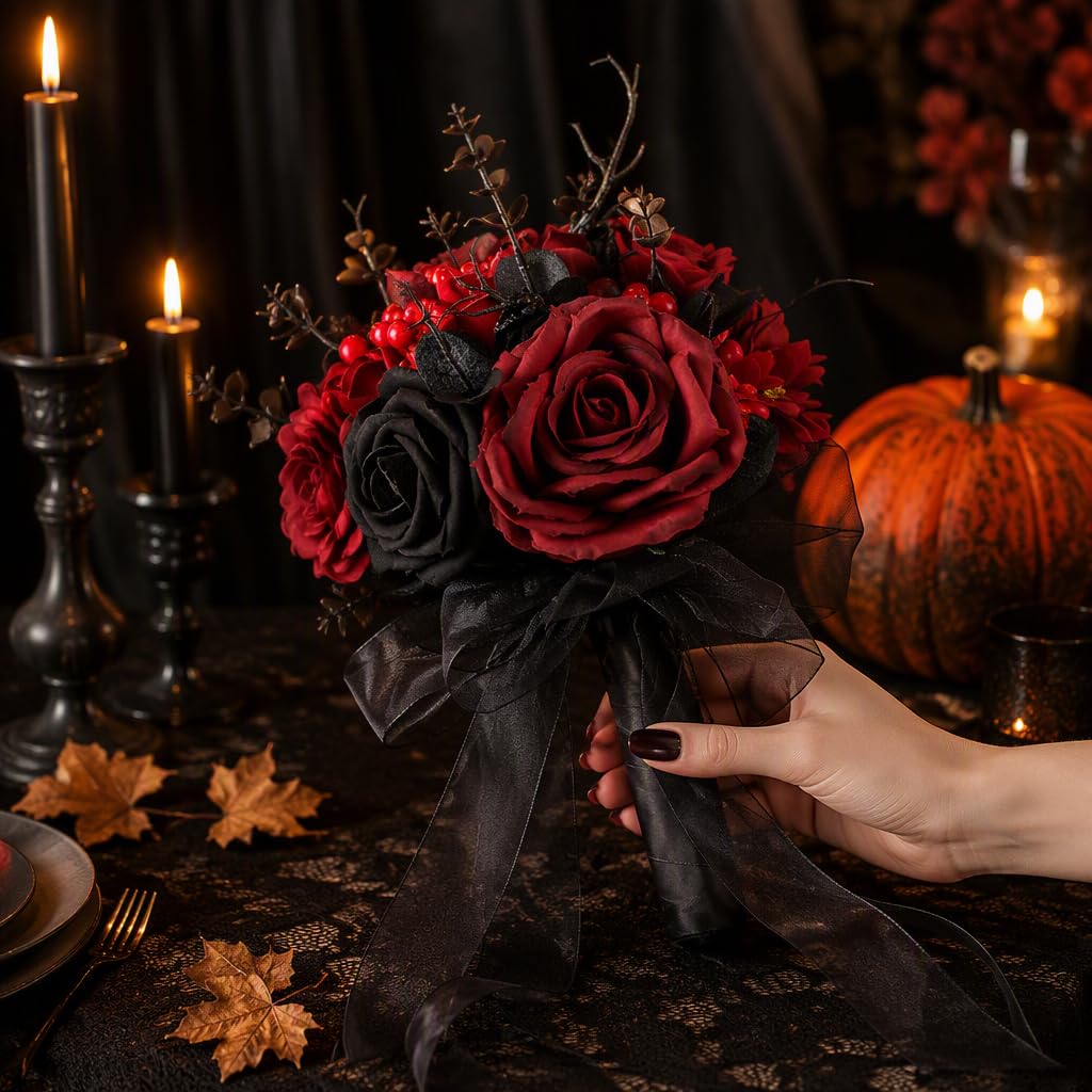 Ramos de Novia góticos, Ramo de Flores Artificiales Negras para Halloween, Ramos de Boda con Flores Artificiales para Novias, Damas de Honor, Aniversario de Halloween. (18 * 18 * 28cm)