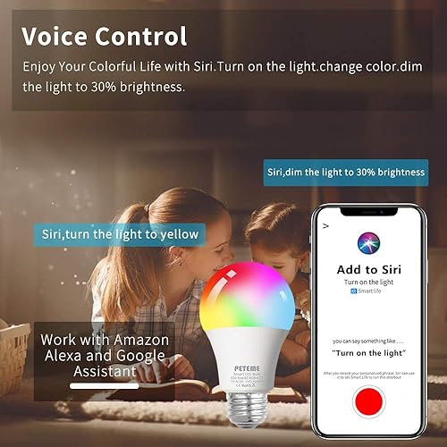Miniatura 4 de Peteme Bombillas inteligentes WiFi, bombillas LED RGB que cambian de color compatibles con Alexa, Siri, Echo, Google Home, A19 E26 60W bombillas