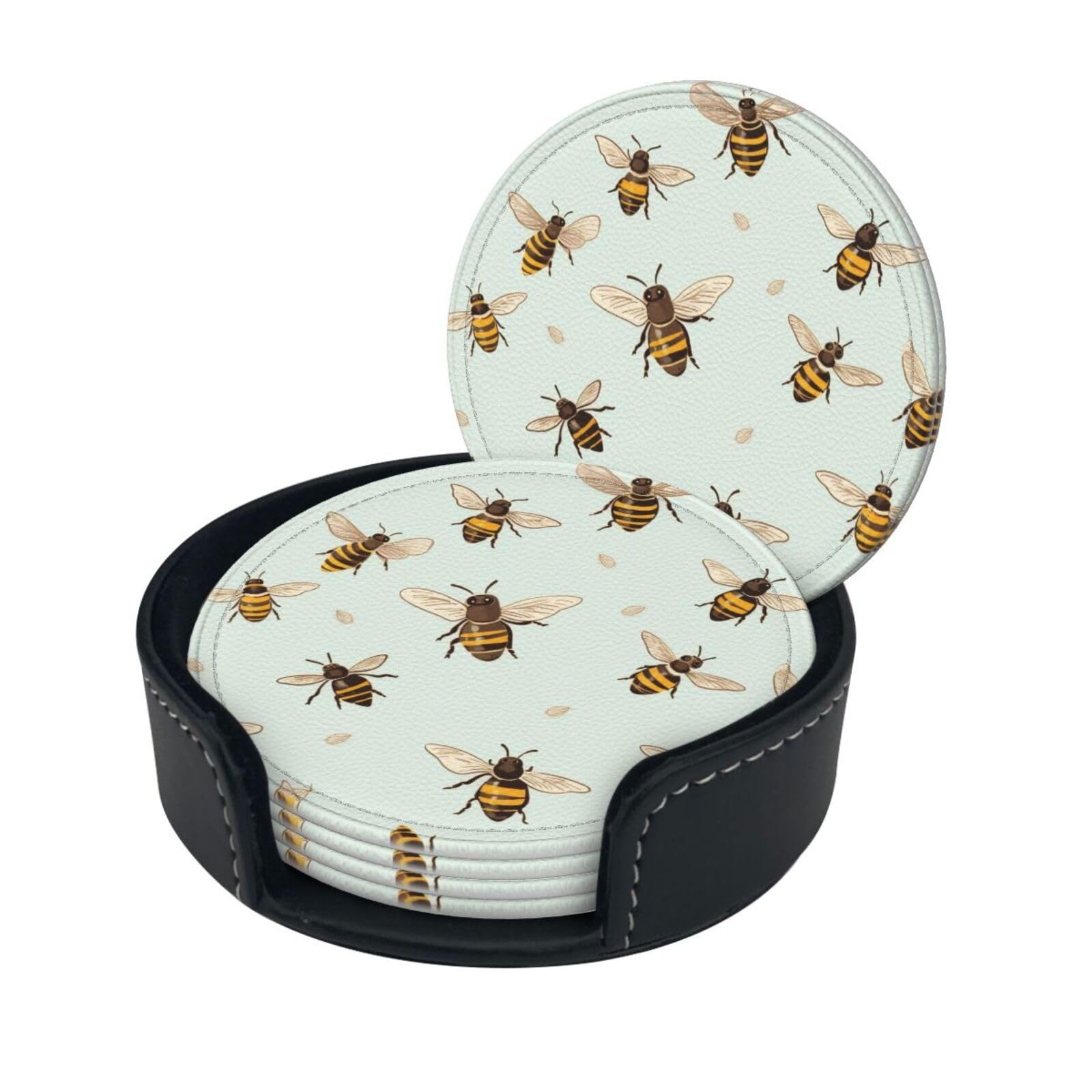 Stylish Coasters - Honey Bee Set of 6 Round Leather Drink Coasters with Holder - Perfect Size for Cups and Glasses