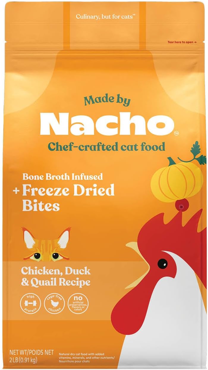 Made by Nacho Premium Dry Kibble Infused with Bone Broth 2lb Bag Cat Food (Cage-Free Chicken, Duck & Quail)
