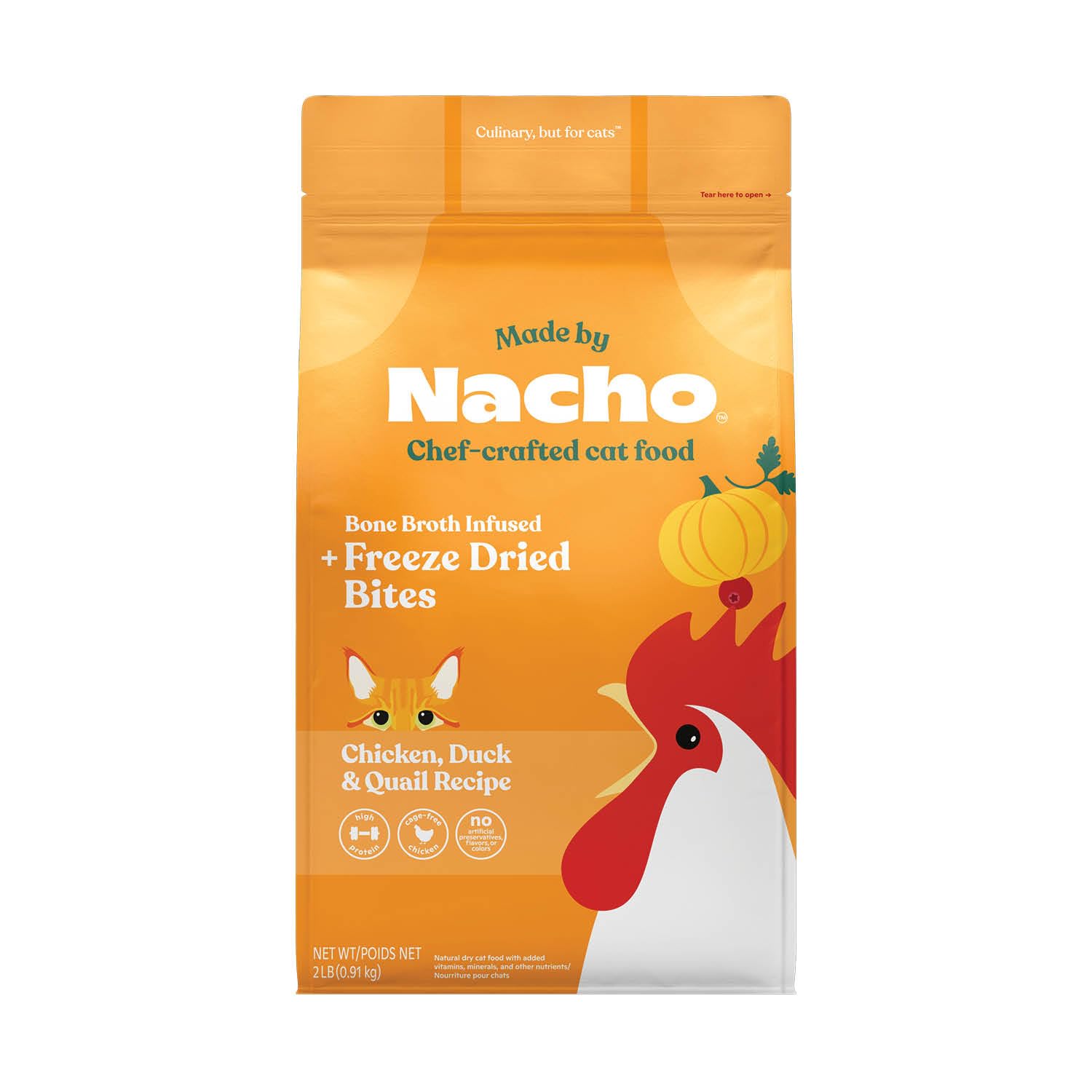 Made by Nacho Dry Cat Kibble 2lb Bag, High Protein Premium Cat Food with Freeze-Dried Pieces, Cage-Free Chicken, Duck & Quail, Limited Ingredients, Single Bag