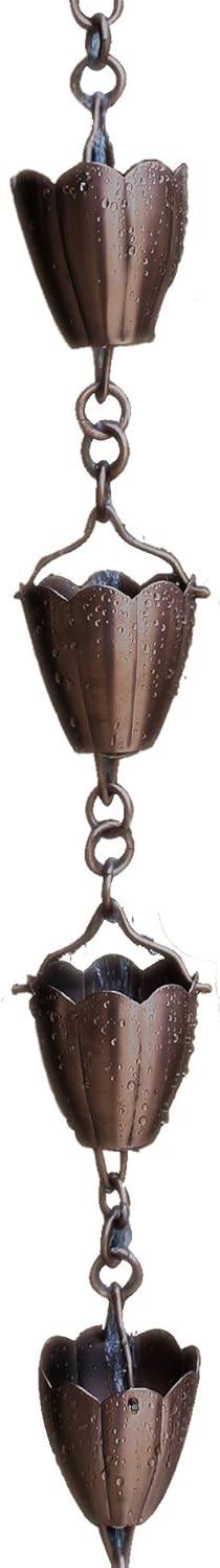 Patina Products R260 Antique Copper Flower Cup Rain Chain Full Length