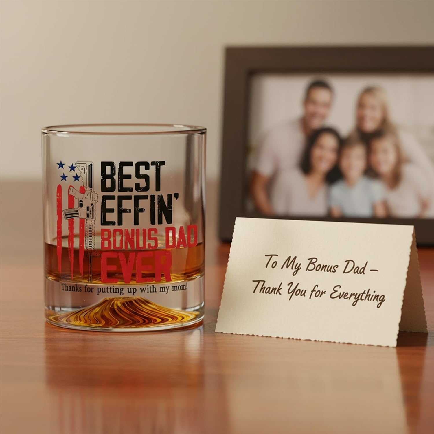 Funny Best Bonus Dad Ever Whiskey Glass Set w/ Ice Ball Mold – 10oz Old Fashioned Bourbon Scotch Glass, Stepdad Christmas Gift, Funny Gag Gift for Bonus Dad, Father's Day & Birthday Stepdad Gifts