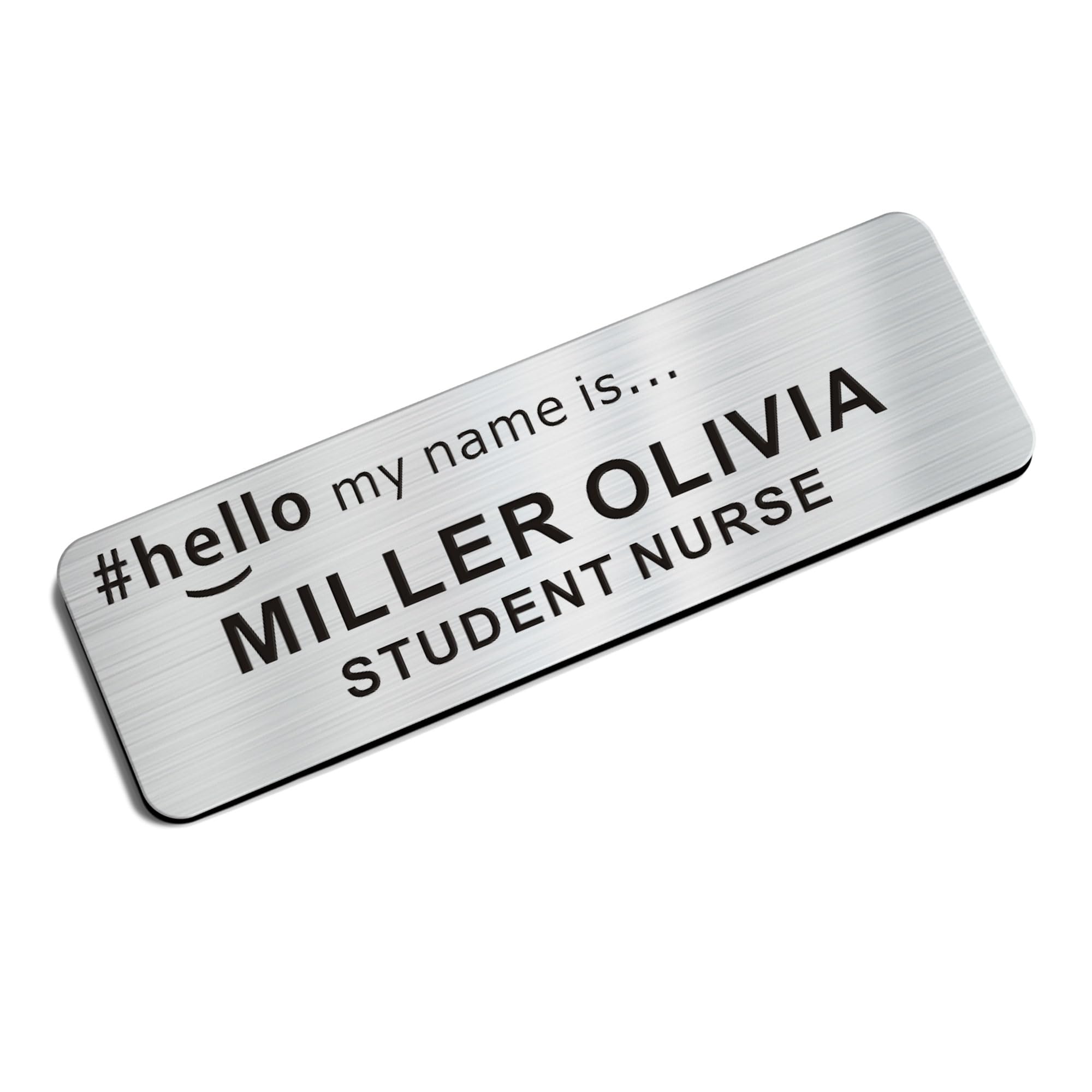 Personalised Name Badges Custom Name Badges for Work Laser Engraved Name Tags Hello My Name is Badge for School Teacher Kids Business Work Lable Sign Employee Name Plate (Silver, Design 2)