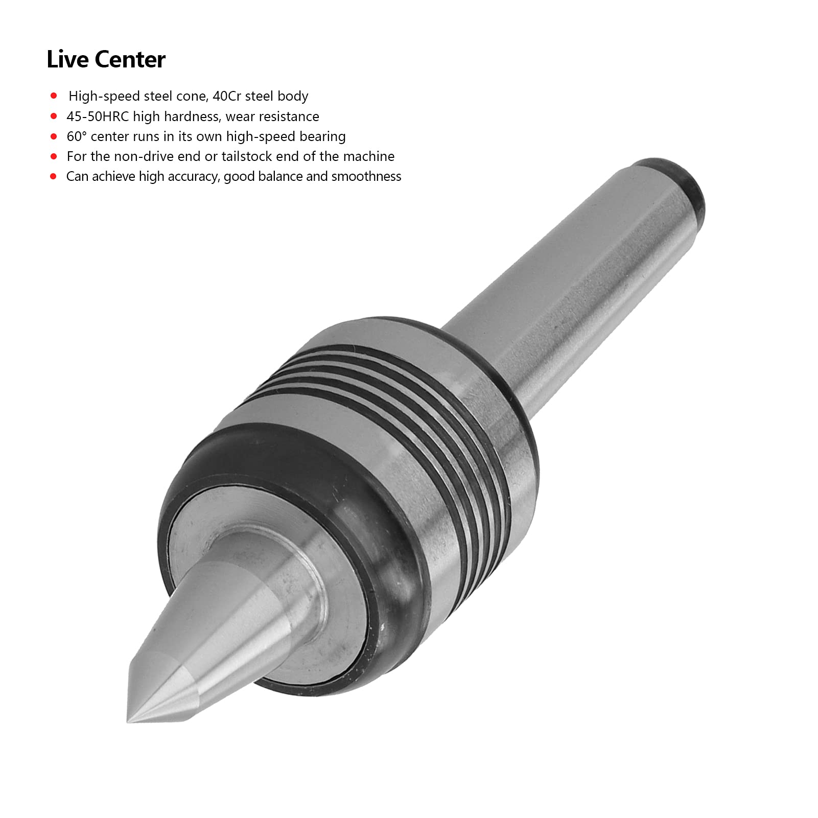 MT2-5 Slot Live Center for Woodworking Lathe, 60°Live Center Design, 40Cr Steel Body, Morse Taper MT2, 144mm Length, 39mm Outer Diameter